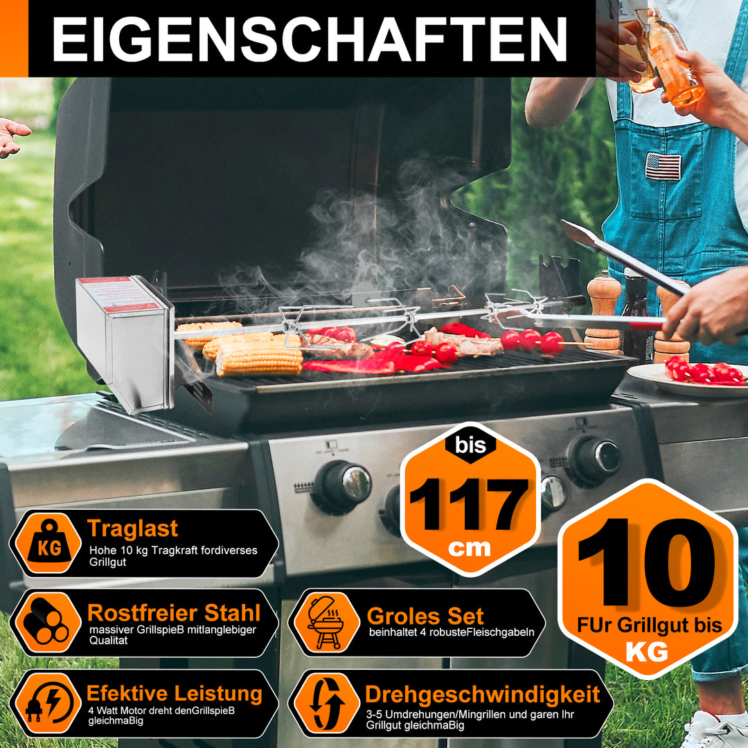 Sonnewelt BBQ Grillspieß Edelstahl Motor 4x Fleischnadel