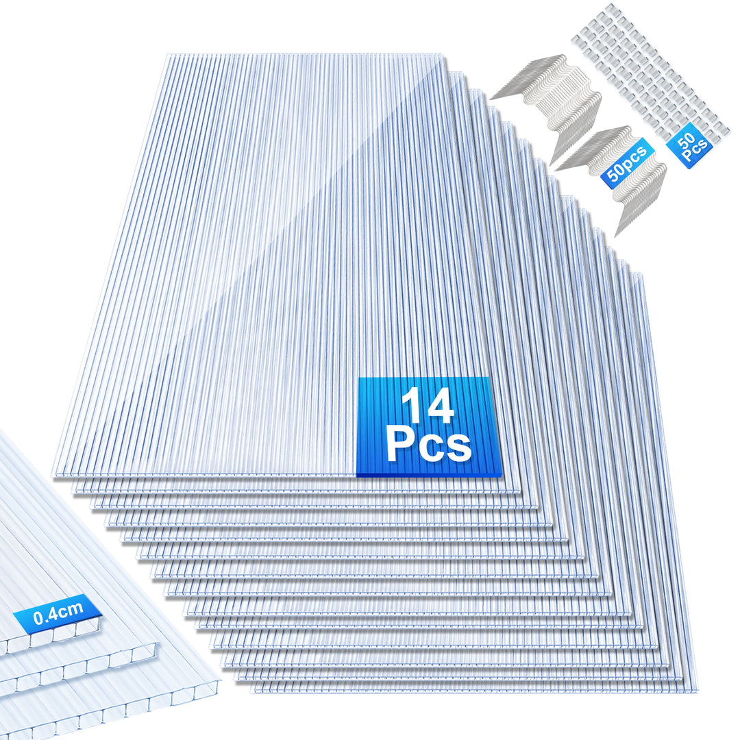 Sonnewelt Doppelstegplatte 4mm 14 Stück für Gewächshaus mit W-Clips und Z-Clips