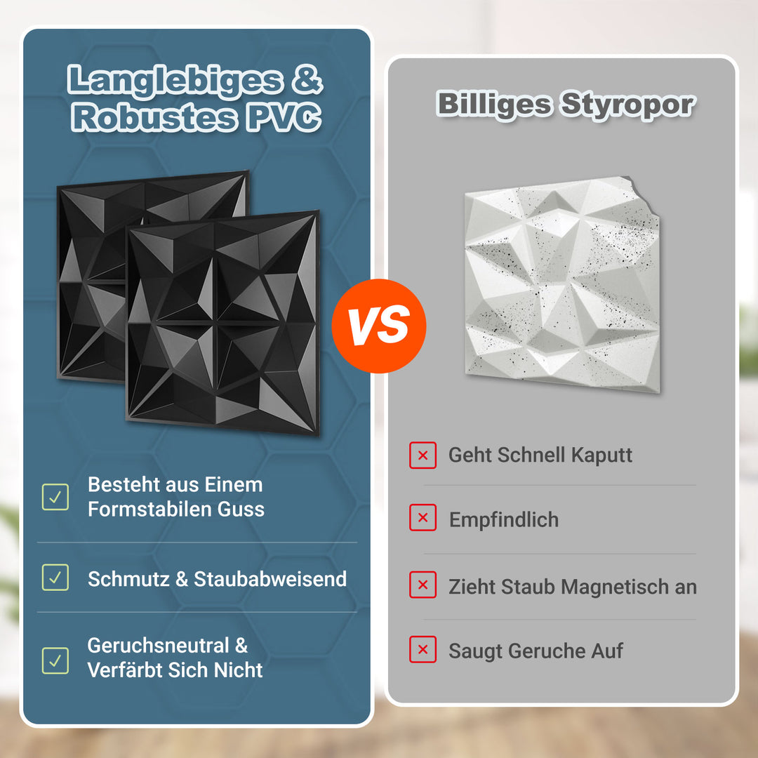 Sonnewelt 3D Wandpaneele 12 Stück 30x30cm Rund Diamant Schwarz