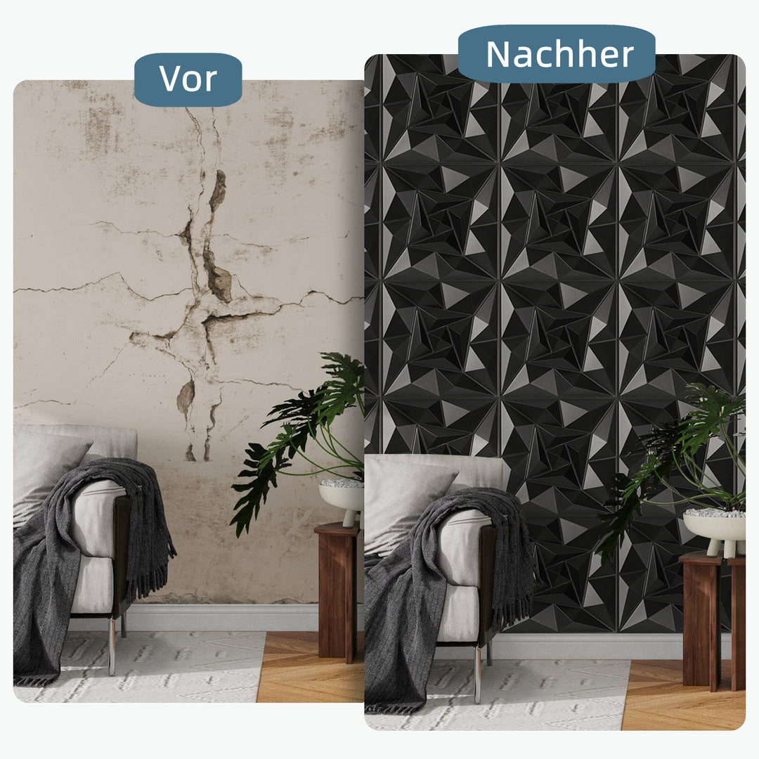Sonnewelt 3D Wandpaneele 12 Stück 30x30cm Quadrat Diamant Schwarz