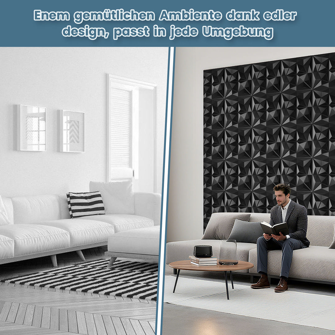 Sonnewelt 3D Wandpaneele 12 Stück 30x30cm Quadrat Diamant Schwarz