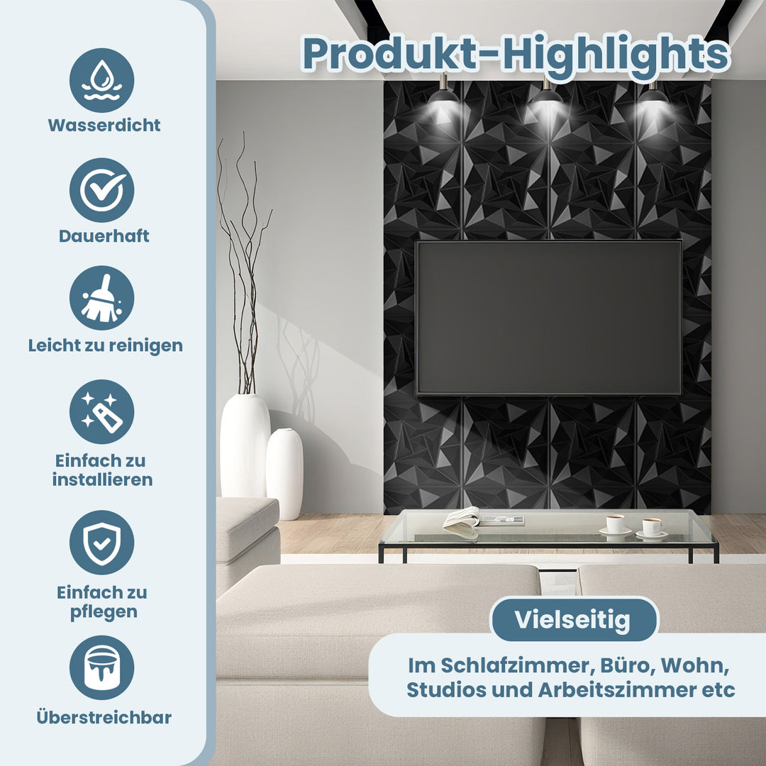 Sonnewelt 3D Wandpaneele 12 Stück 30x30cm Quadrat Diamant Schwarz
