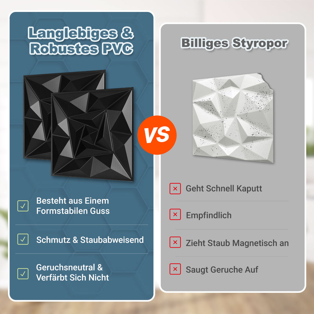Sonnewelt 3D Wandpaneele 12 Stück 30x30cm Quadrat Diamant Schwarz
