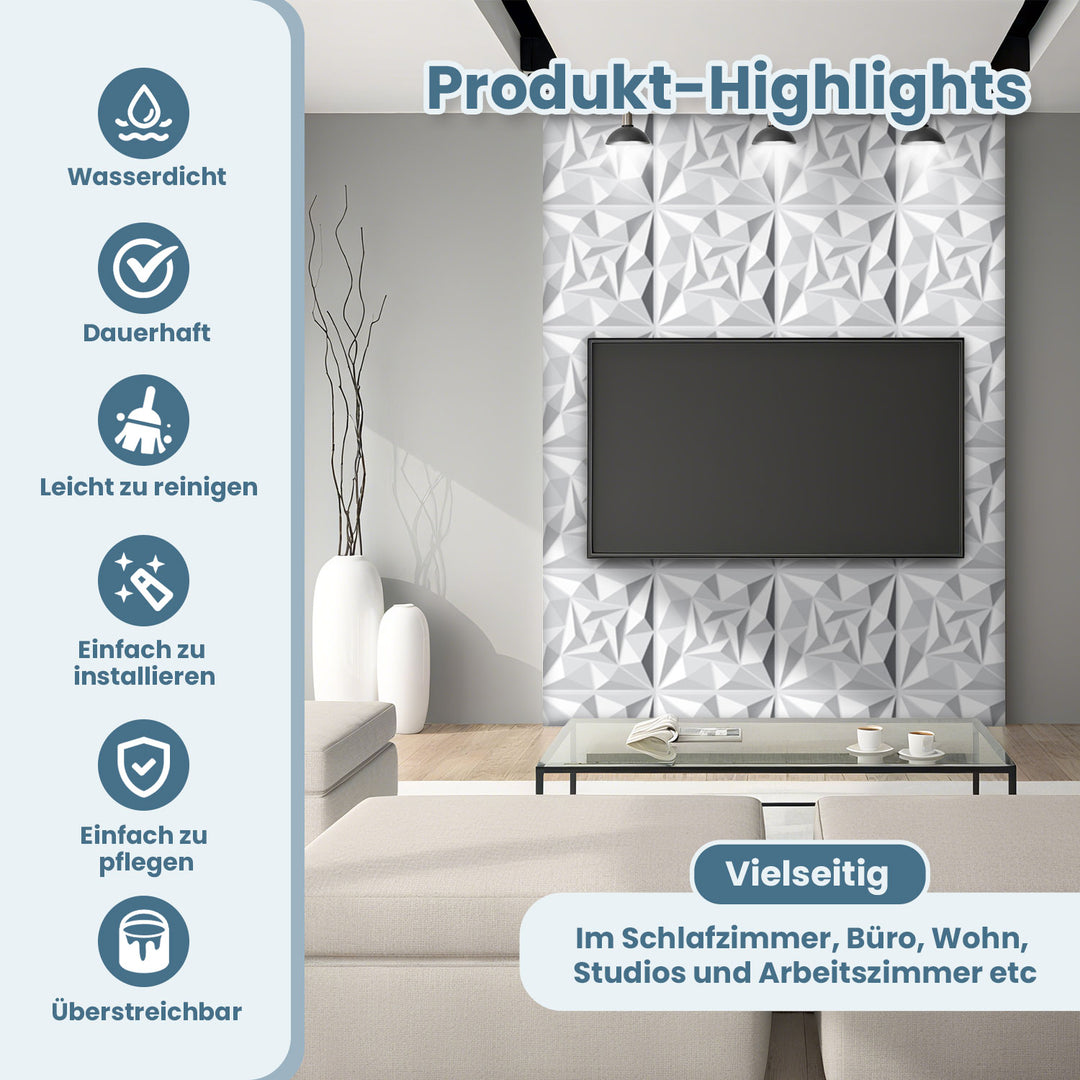 Sonnewelt 3D Wandpaneele 12 Stück 30x30cm Quadrat Diamant Weiß
