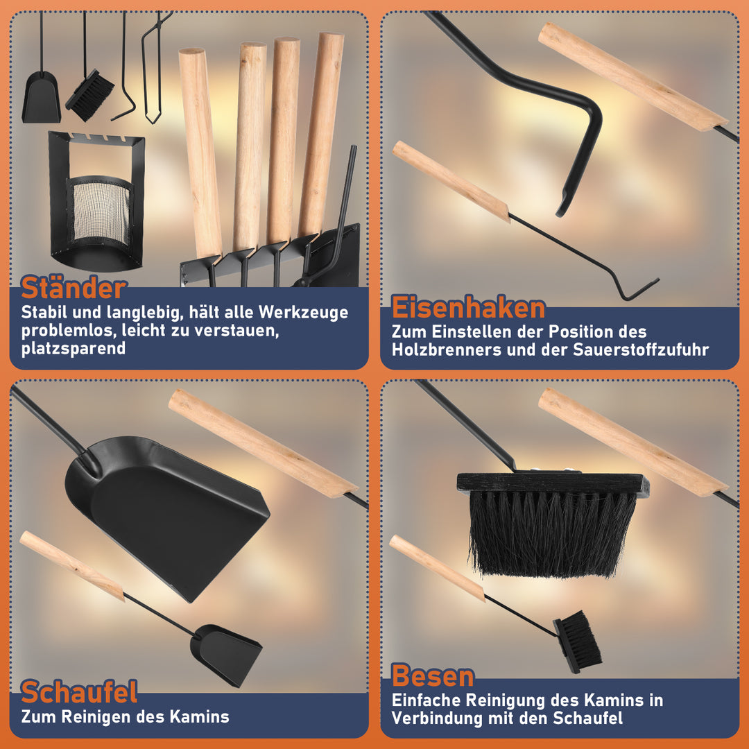Sonnewelt Kaminbesteck 4-teiliges Kaminbesteck Set Holzgriff