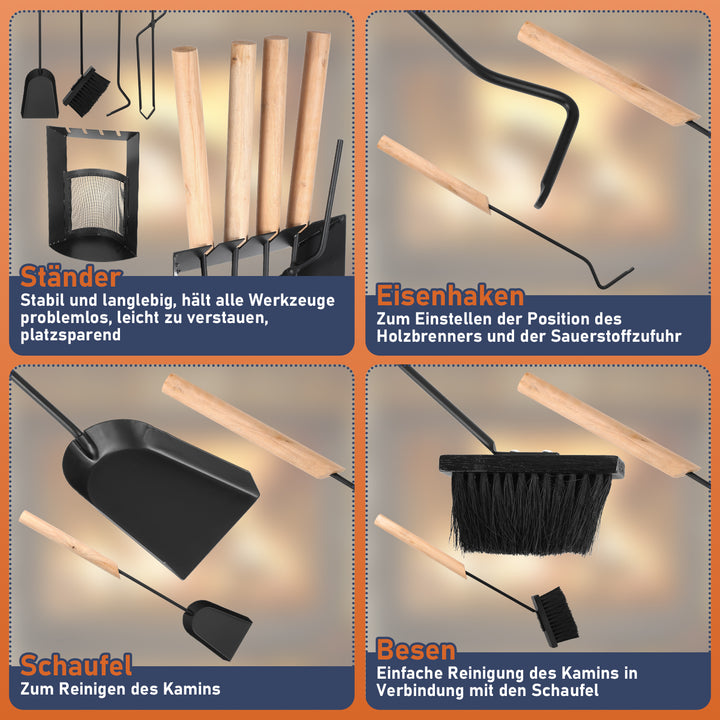 Sonnewelt Kaminbesteck 4-teiliges Kaminbesteck Set Holzgriff