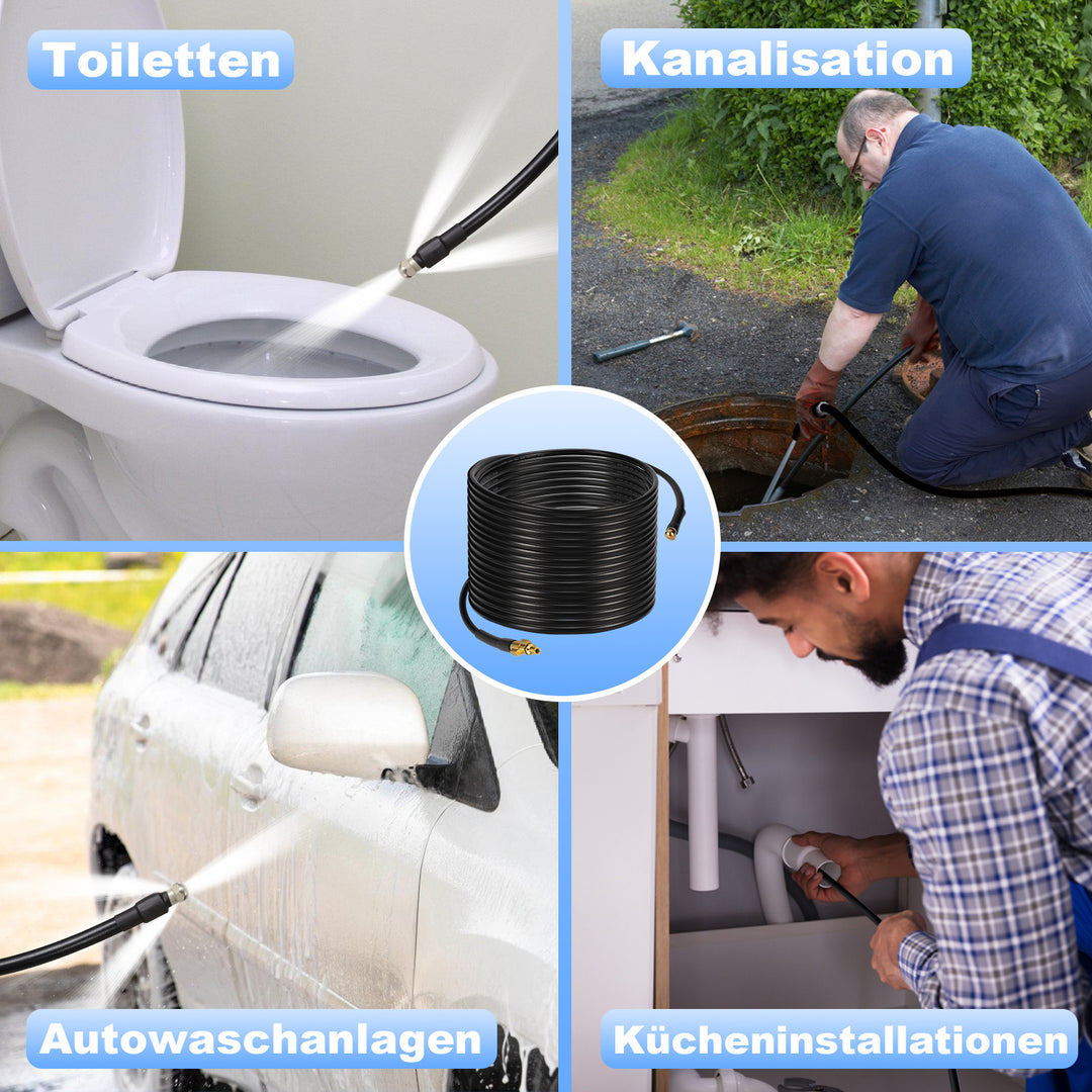 Sonnewelt Rohrreinigungsschlauch 10M-30M mit starren und schwenkbaren Düsen, 3 Adapter