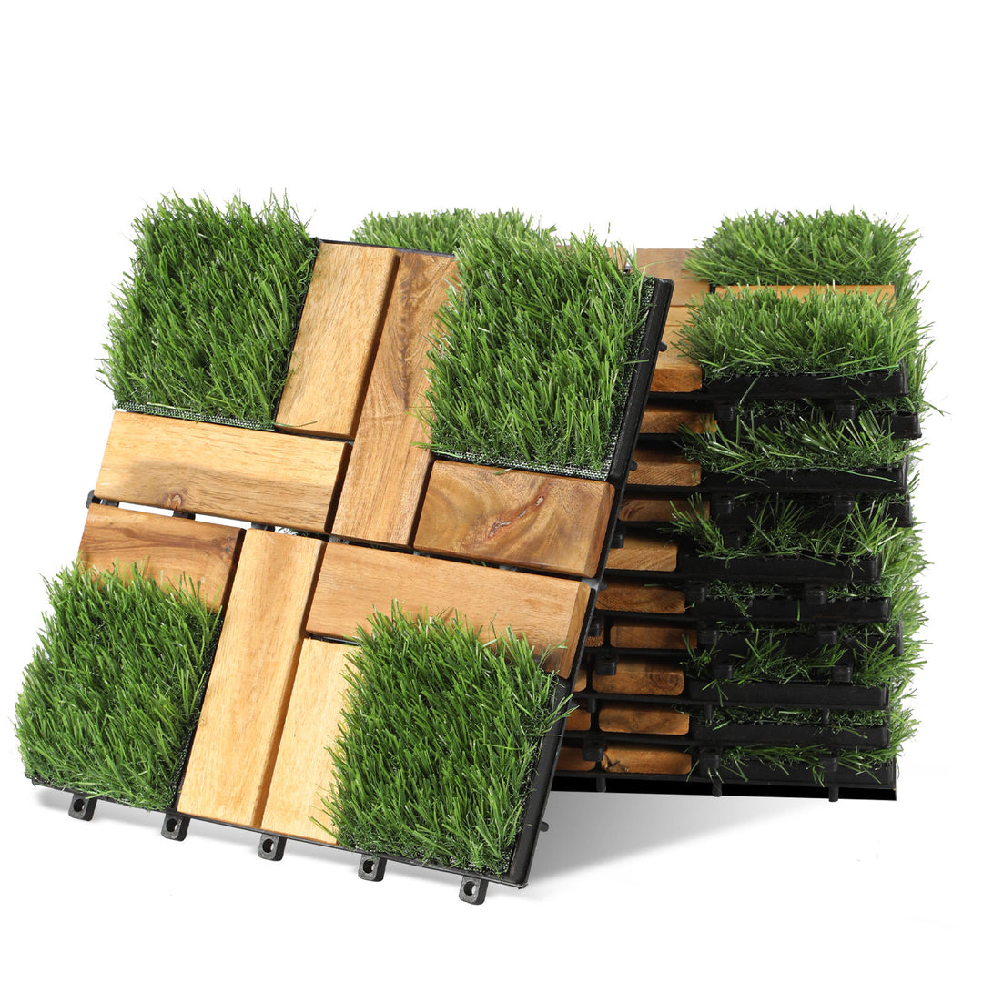 Sonnewelt Holzfliesen Balkonfliesen mit Grass 30x30cm 11 Fliesen