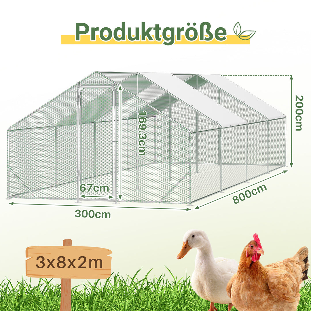 Sonnewelt Hühnerstall Freilaufgehege Verzinkter Stahl mit Dachplane 3*8*2m(Neue Version)