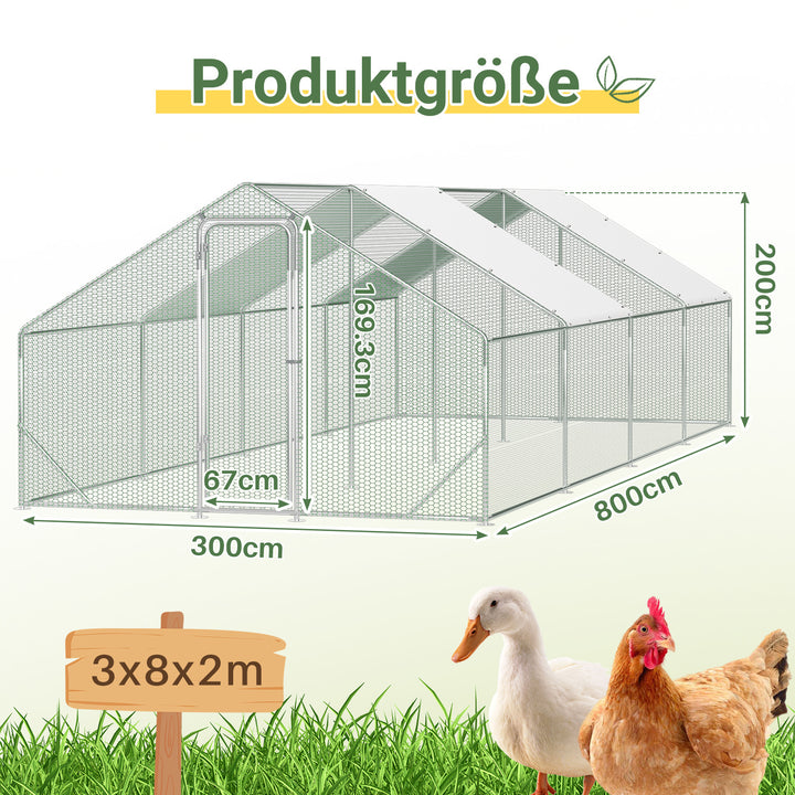 Sonnewelt Hühnerstall Freilaufgehege Verzinkter Stahl mit Dachplane 3*8*2m(Neue Version)