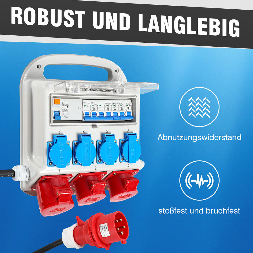 Sonnewelt Stromverteiler FI-Schutzschalter 2 x CEE 400V/16A+4 x 230V Schuko 5 polig