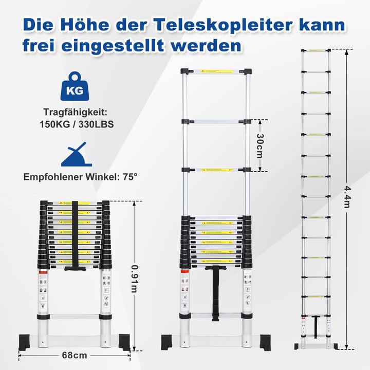 Sonnewelt Teleskopleiter Aluminium Belastbarkeit bis zu 150kg 2.6m-5m mit Stabilisator
