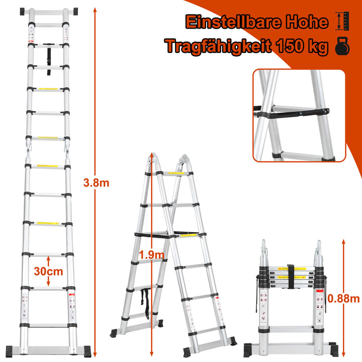 Sonnewelt 3.8m Teleskopleiter Aluminium Bis 150 kg Belastbarkeit