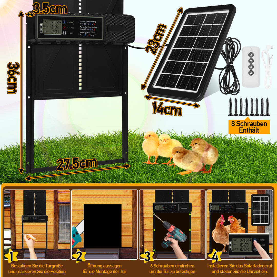 Sonnewelt Hühnerklappe Automatische Solar mit LED Display und Fernbedienung