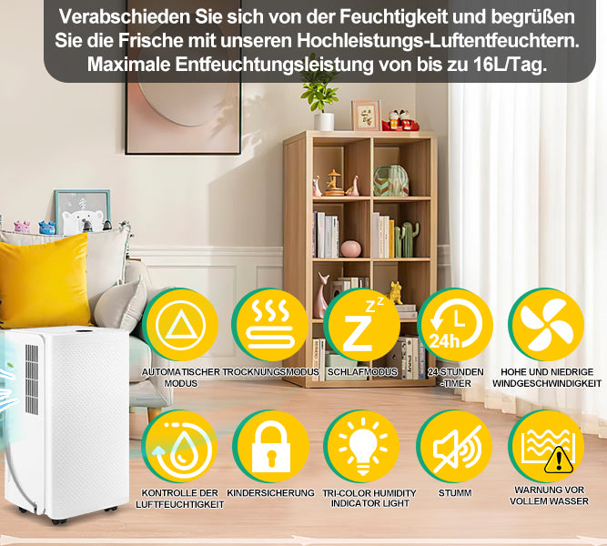 Sonnewelt Luftentfeuchter 16L mit Timerfunktion, Wäschetrockungsfunktion, Abtaufunktion