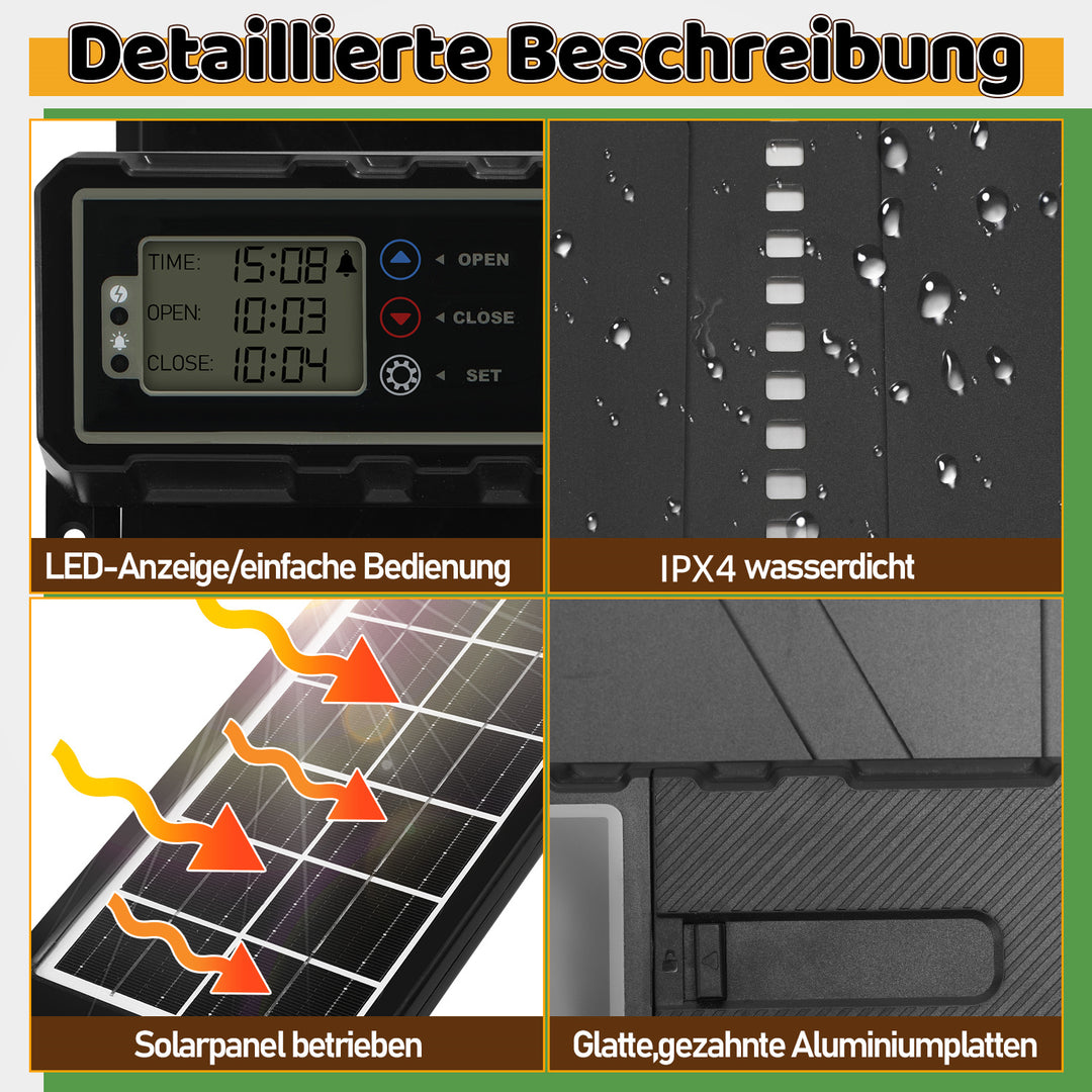 Sonnewelt Hühnerklappe Automatische Solar mit LED Display und Fernbedienung