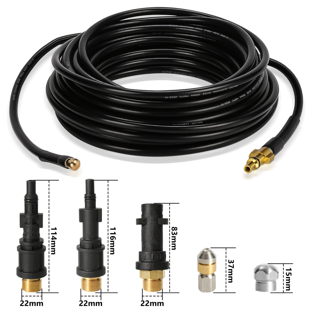 Sonnewelt Rohrreinigungsschlauch 10M-30M mit starren und schwenkbaren Düsen, 3 Adapter