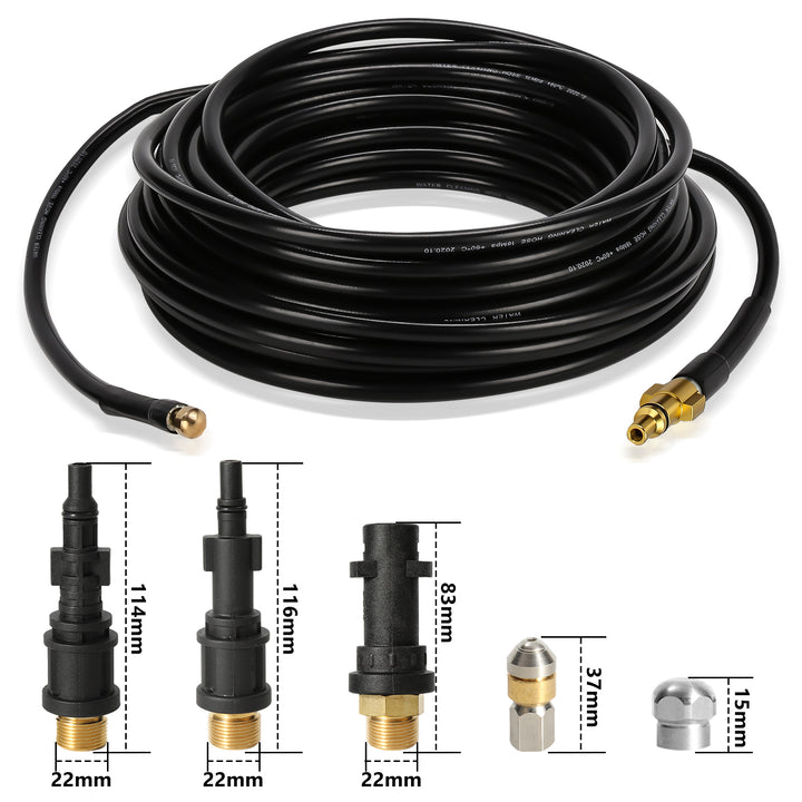 Sonnewelt Rohrreinigungsschlauch 10M-30M mit starren und schwenkbaren Düsen, 3 Adapter