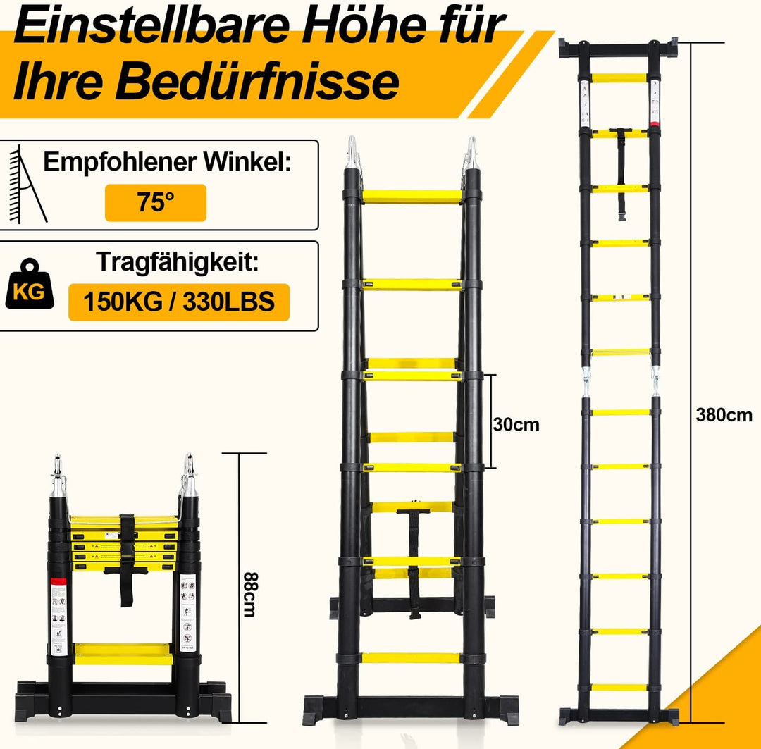 Sonnewelt Teleskopleiter Tragbar Alu Max Belastung 150 kg 3.8M (1.9+1.9M)